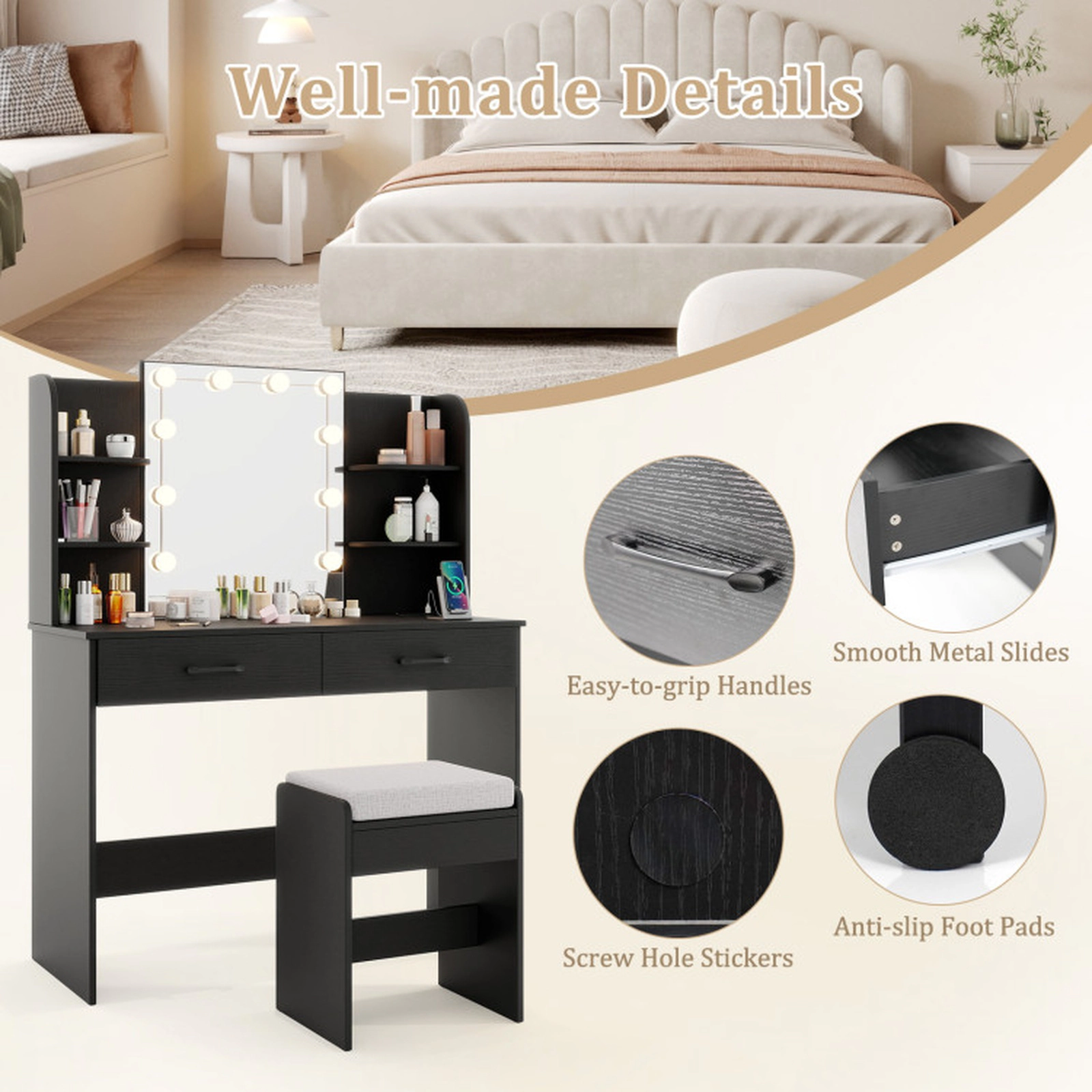 SUGIFT Vanity Set with Lighted Mirror Power Outlet and Stool 154-lb Tabletop Capacity 2-Drawer 4-Shelf Storage Black