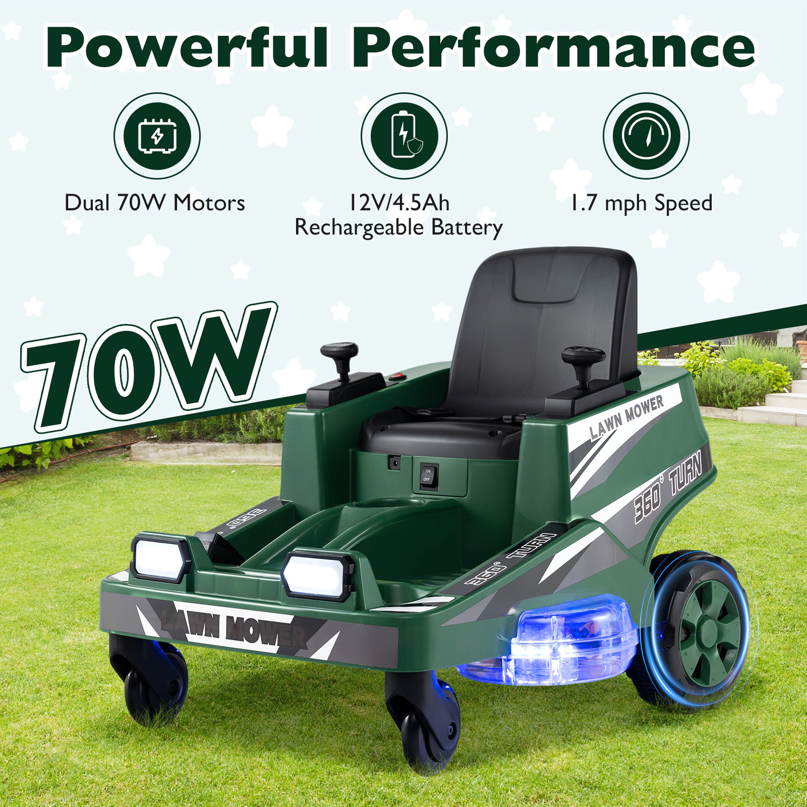 SUGIFT Green Dual Control Sticks LED Lights and Spinning Blades Kids 12V Ride On Lawn Mower
