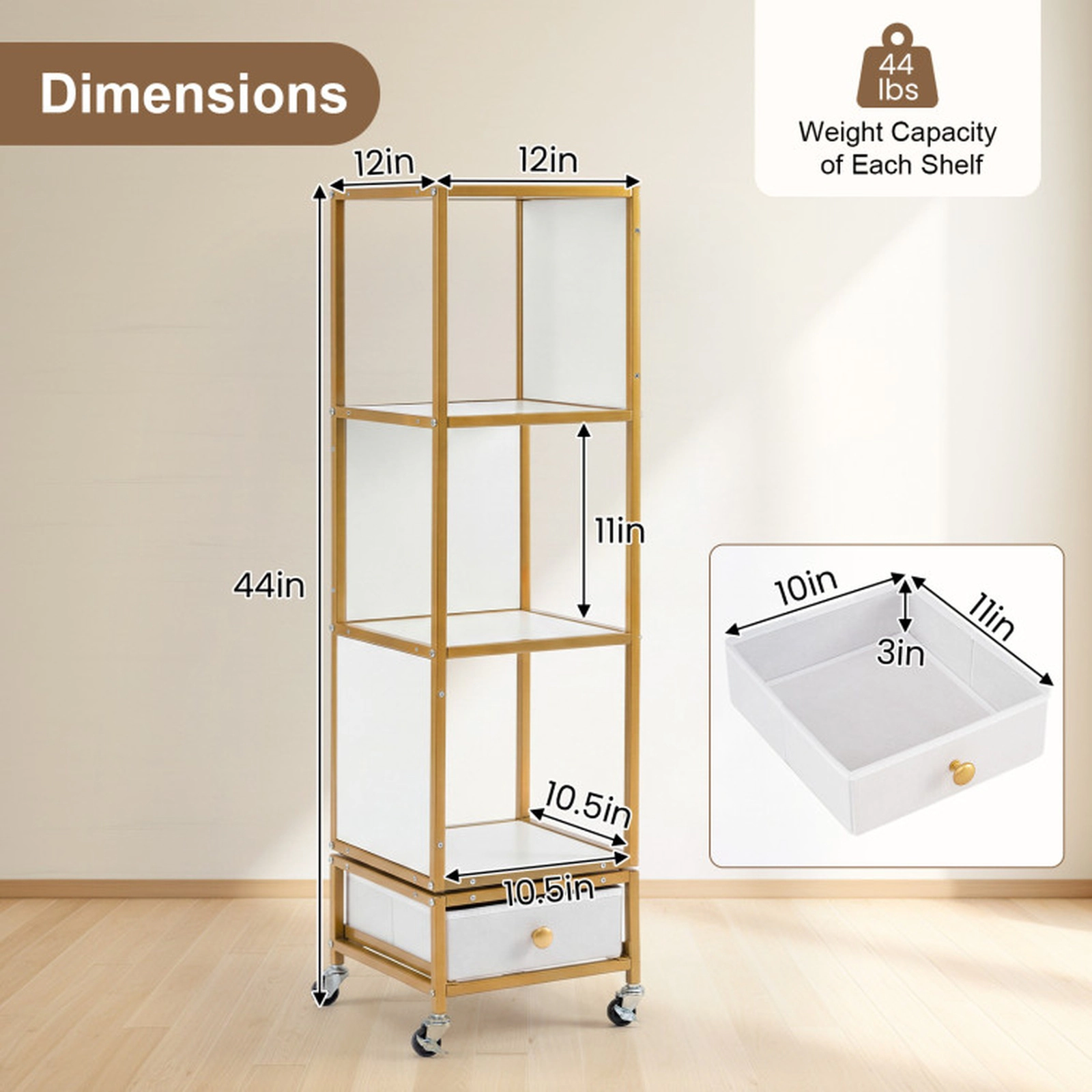 SUGIFT 4-Tier Rotating Bookshelf on Wheels with 44-lb Shelf Capacity Removable Drawer White Gray Black Golden