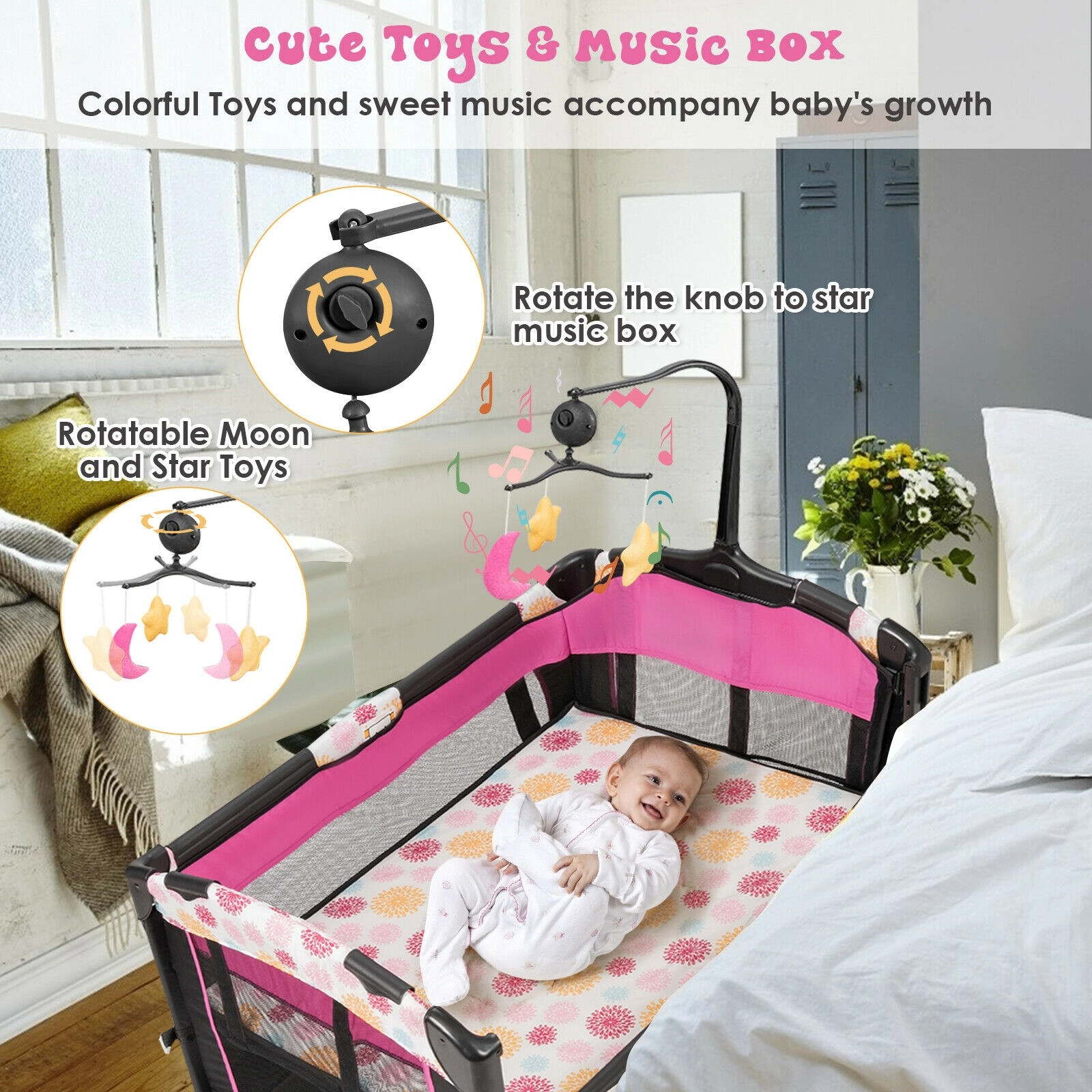 SUGIFT Baby 3-in-1 Bedside Bassinet Diaper Table Locking Wheels Playard 40-in x 28.5-in x 31.5-in 33-lb Capacity Pink