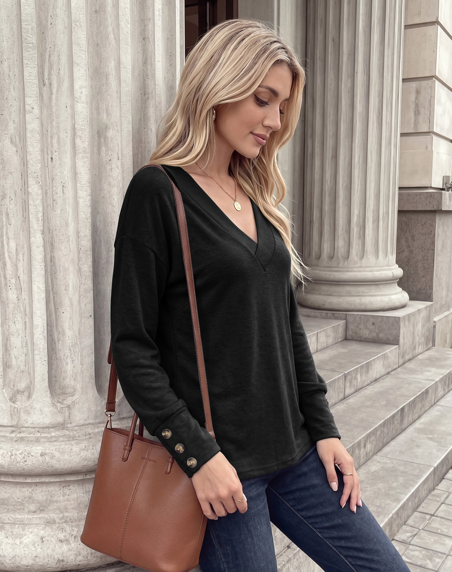 Enchanted Funland Womens Wrap V‑Neck Button Cuff Long Sleeve Loose Tops
