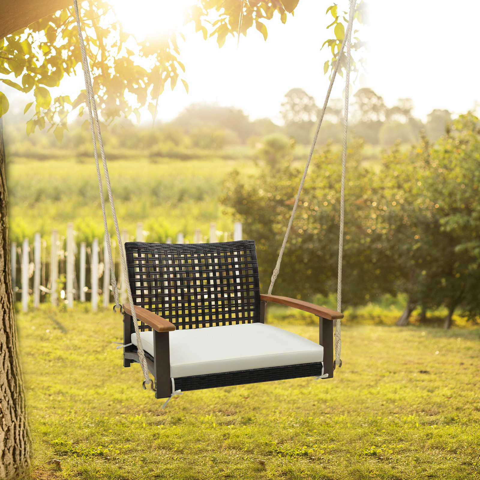 LJG Single Rattan Porch Swing with Armrests Cushion and Hanging Ropes