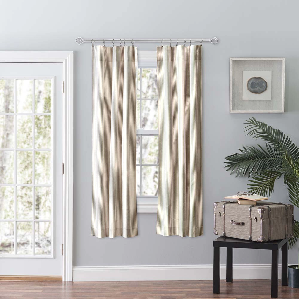 Ellis Curtain Plaza Classic Ticking Stripe Printed 3" Rod Pocket Tailored Panel Pair with Tiebacks 56" x 63" Tan