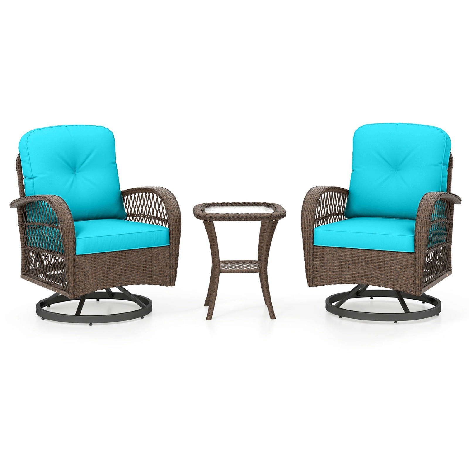 SUGIFT 3-Piece Turquoise PE Rattan Swivel Rocker Chair Set with Tempered Glass Table, 400 lb Capacity