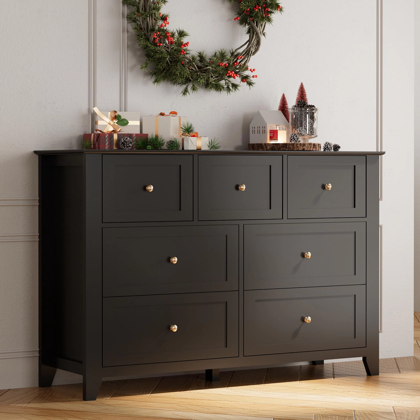 7 Drawer Dresser with Metal Knobs, 53.9" Wide Wooden Double Storage Chest for Bedroom Entryway