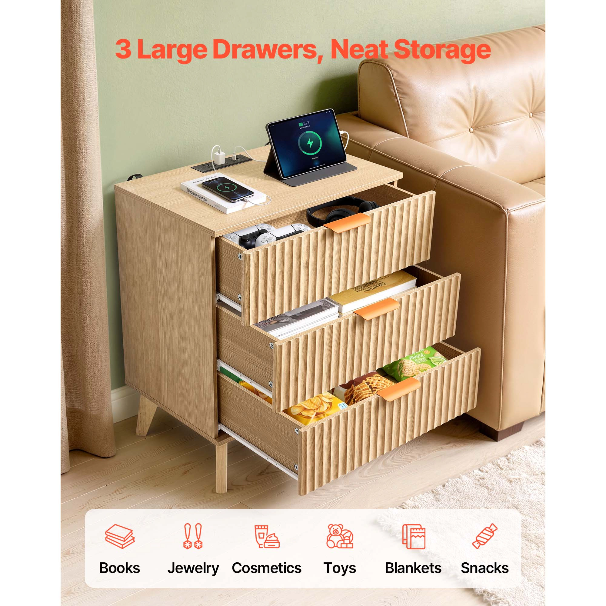 HONGGE Fluted Nightstand with Charging Station, 3 Drawers, Dresser for Bedroom, Mid Century Modern End Table
