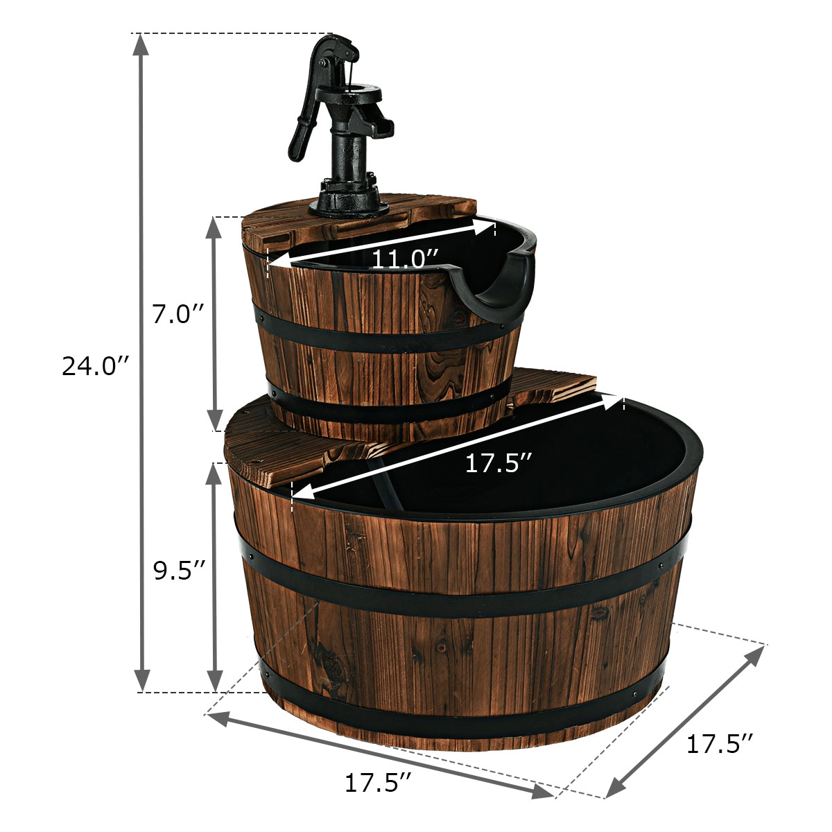 SUGIFT 2-Tiers Outdoor Wooden Barrel Waterfall Fountain with Pump 3-Gallon Capacity Brown