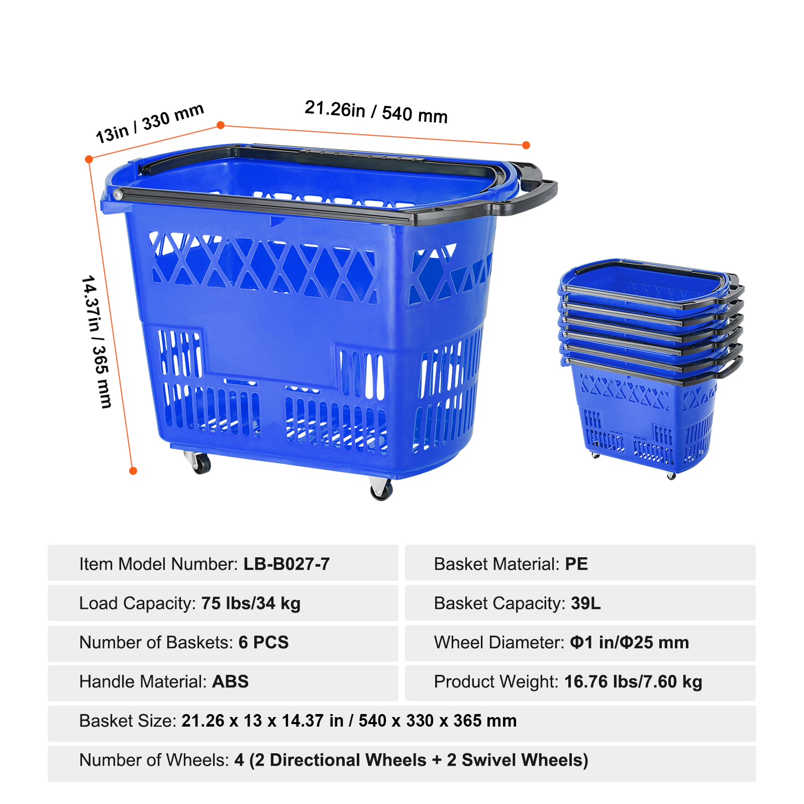 HONGGE Shopping Baskets 6PCS 39L Carts with Handles Plastic Rolling Basket Wheels Large Portable
