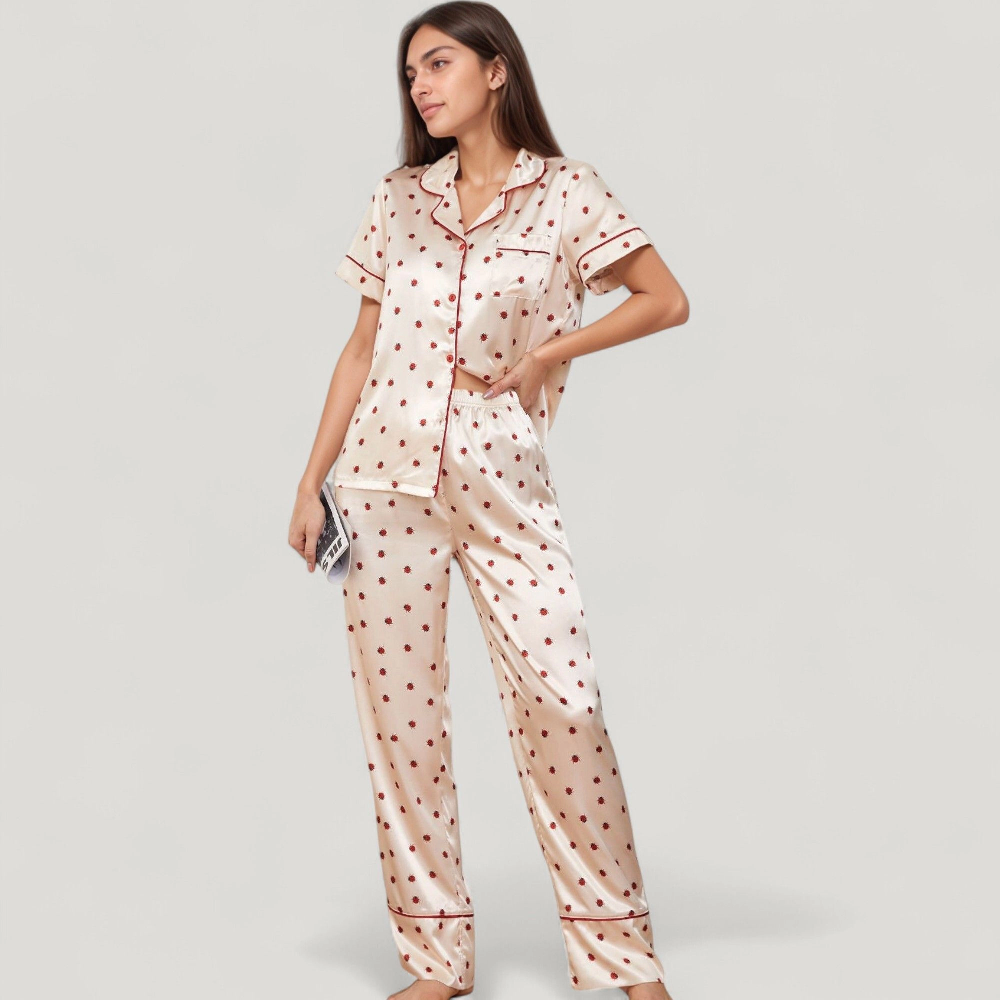 Anna-Kaci Women's Satin Pajama Set with Short Sleeve Notch Collar Button Up Top and Polka Dot Wide Leg Pants