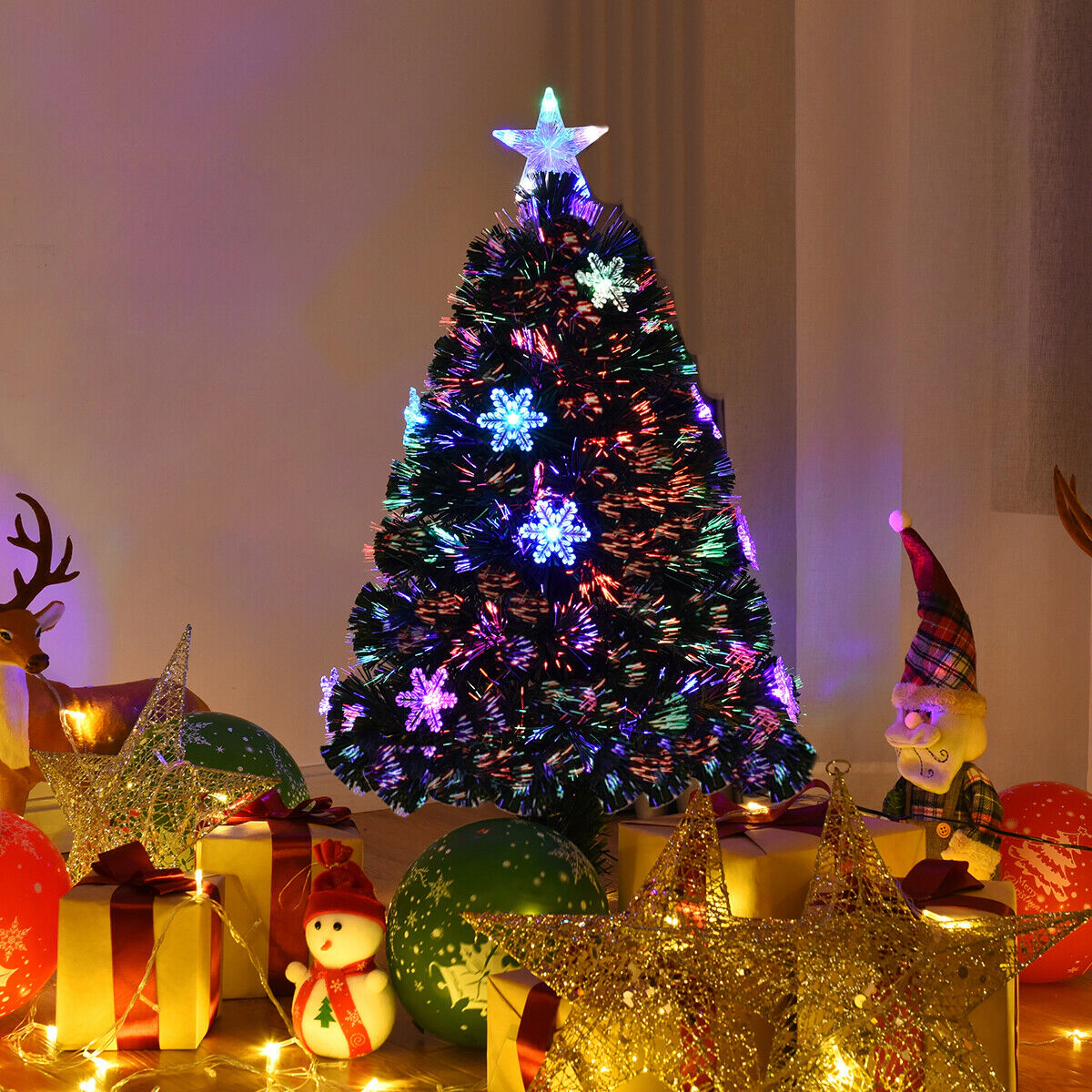 SUGIFT Pre-Lit LED Optic Artificial Christmas Tree with Snowflakes 5-Foot PVC Green with 170 Tips and 21 LED Lights