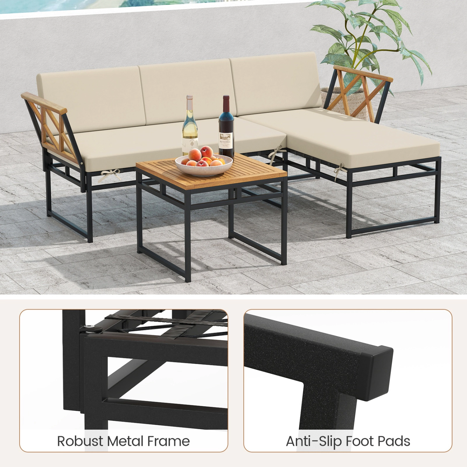 SUGIFT 3-Piece Beige Acacia Wood L-Shaped Patio Sectional Set with Cushions