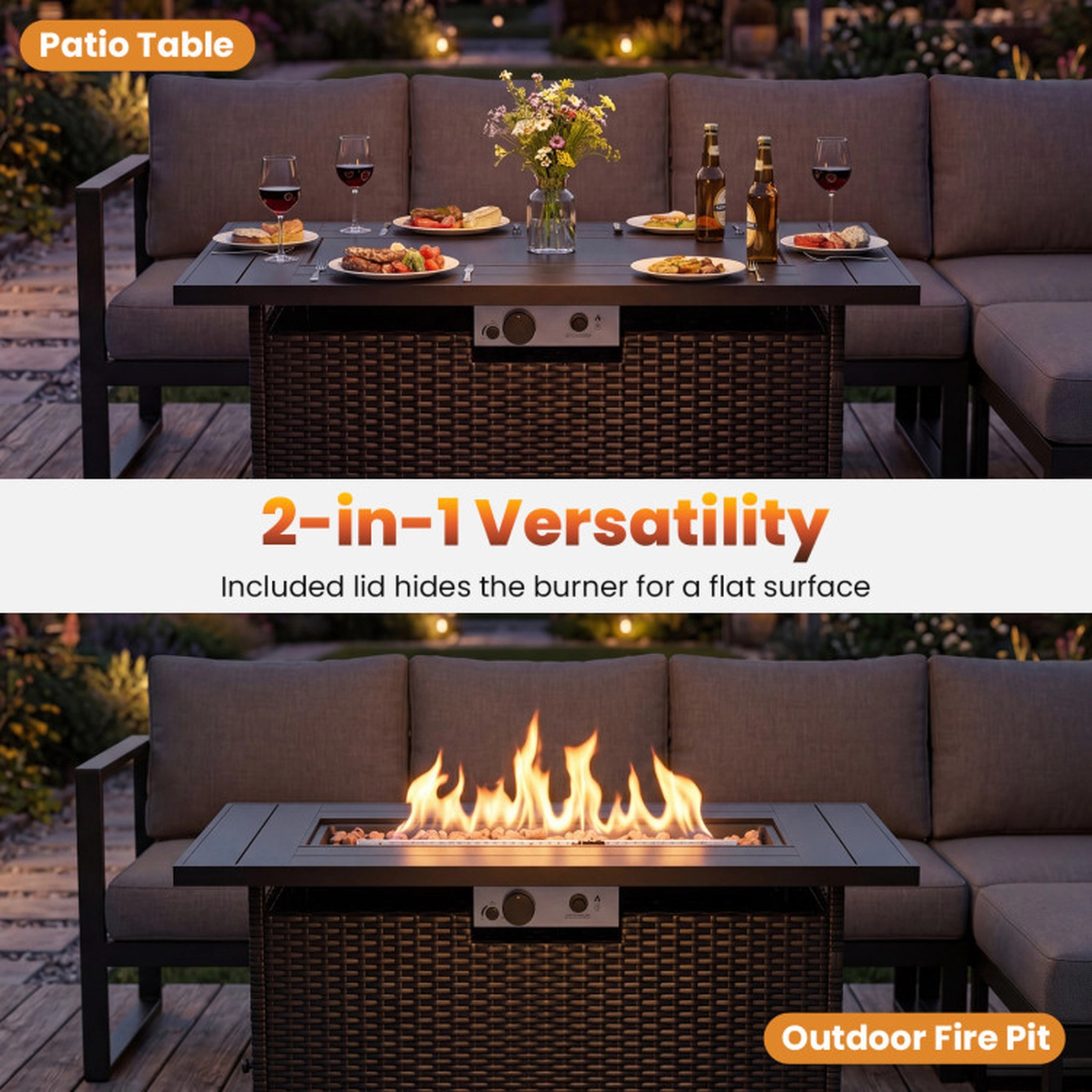 SUGIFT 44.5-in Propane Fire Pit Table, 50,000 BTU Stainless Steel Burner, Rattan Finish
