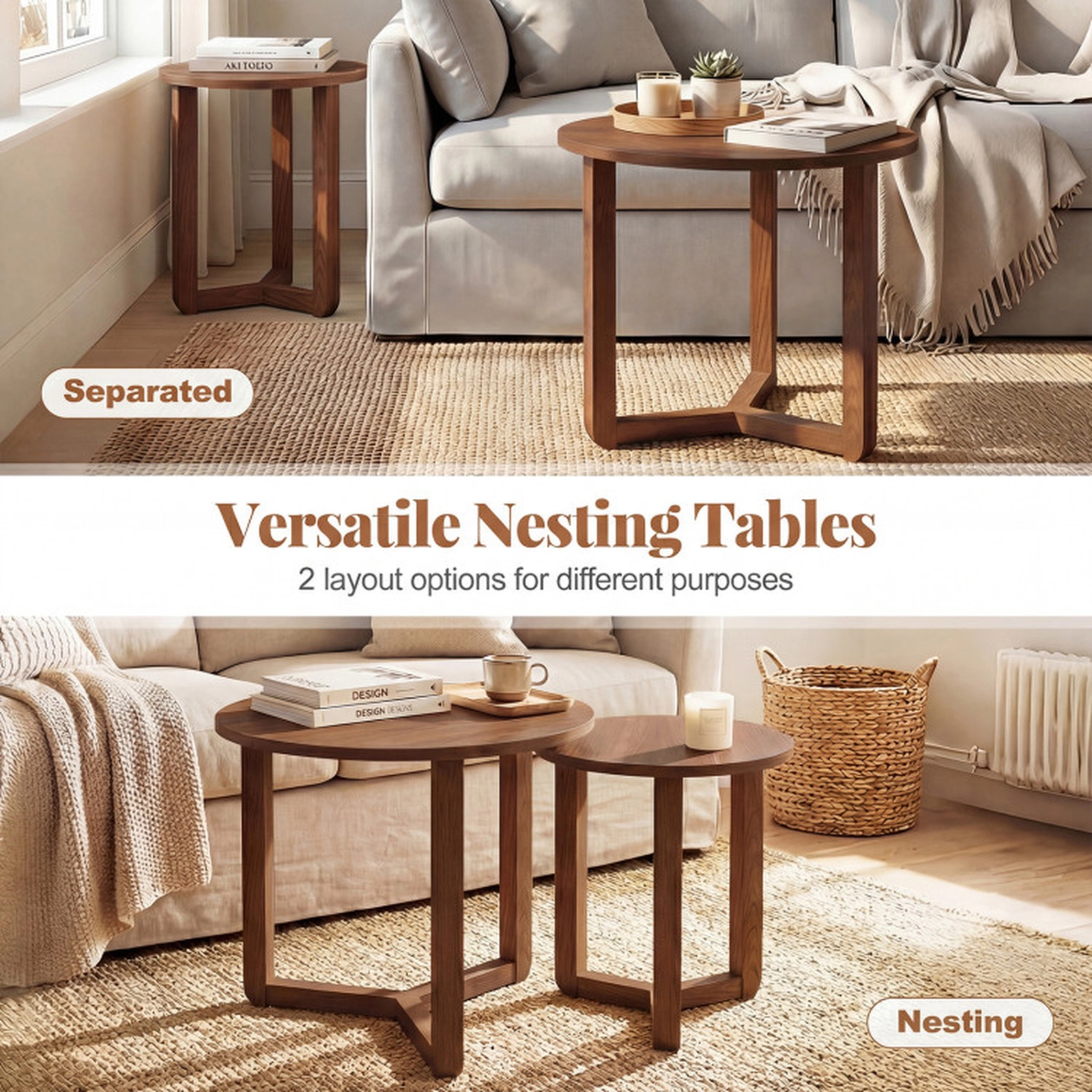 SUGIFT Round Nesting Coffee Table Set of 2 Wood End Tables with Thickened Top 176-lb and 132-lb Capacity Natural/Walnut