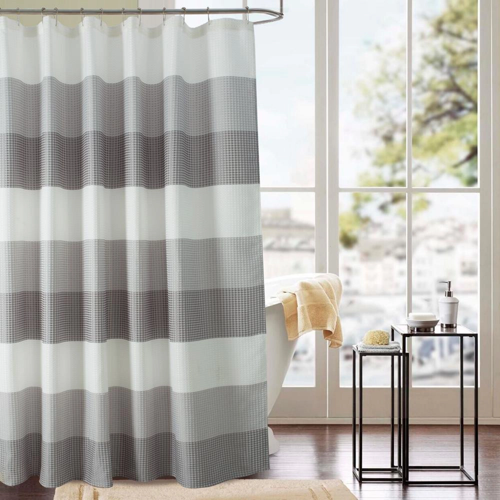 Olivia Gray Glamor Striped Waffle Jacquard Shower Curtain 100% Polyester 70 x 72 Silver