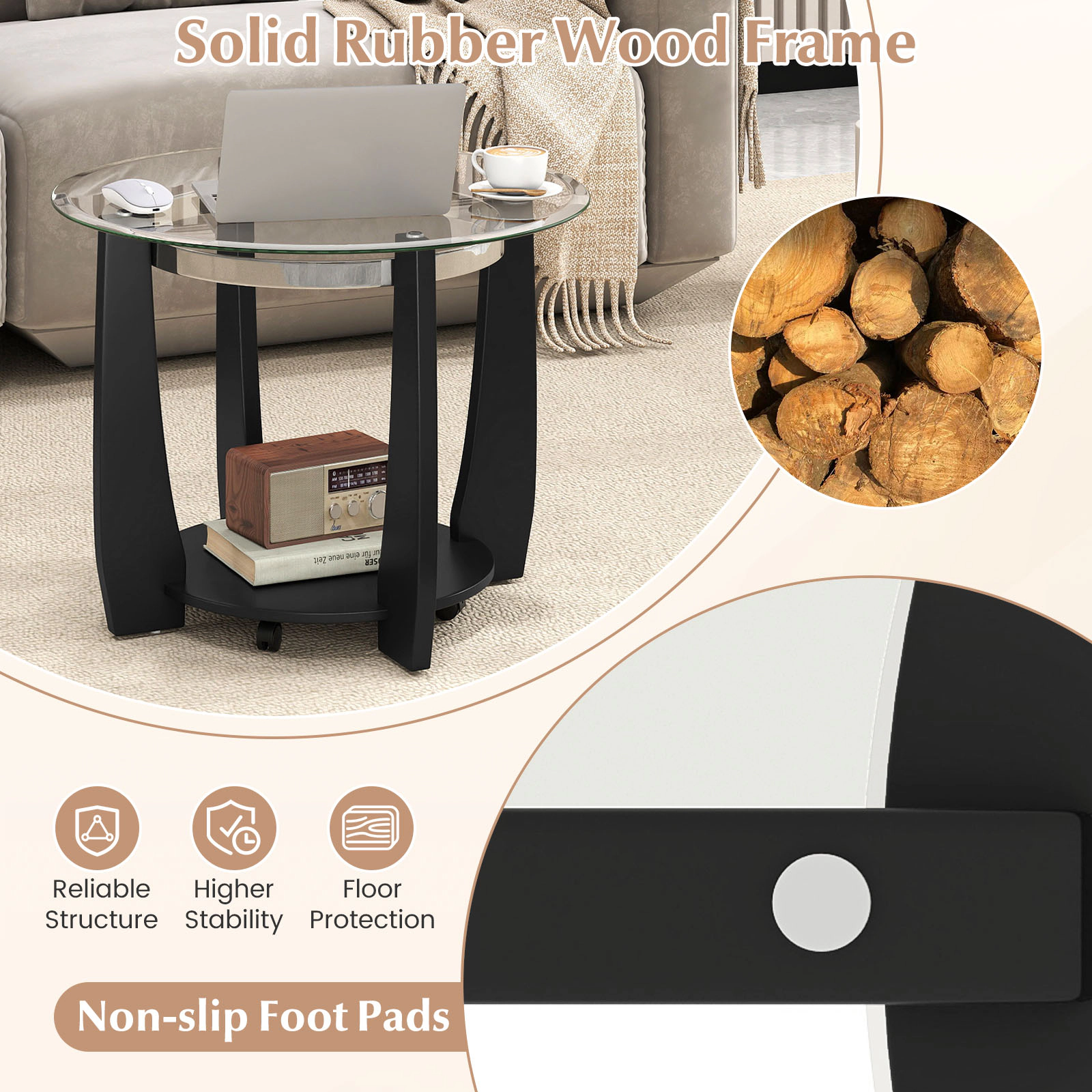 Glintex 32-Inch Round Glass Coffee Table with Storage Shelf and Wheels