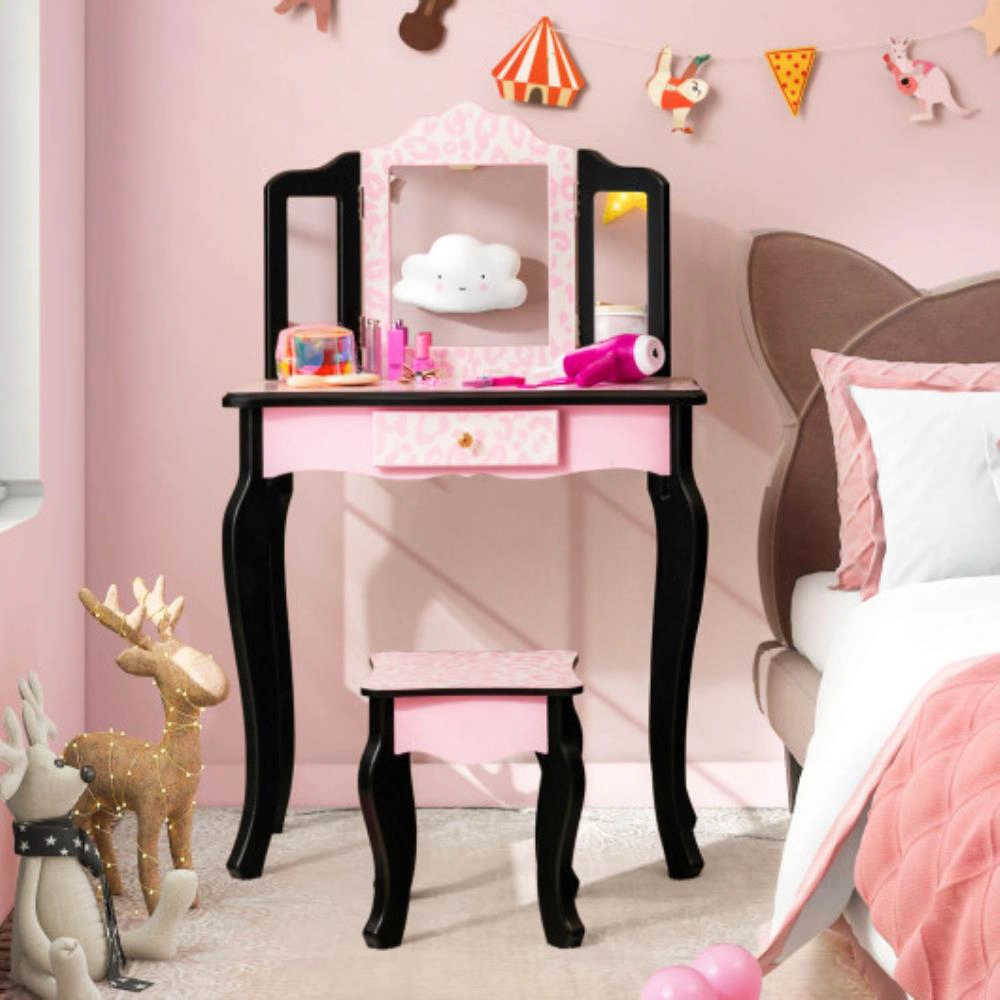 Hivvago Kid Vanity Set With Tri-Folding Mirror And Leopard Print-Pink