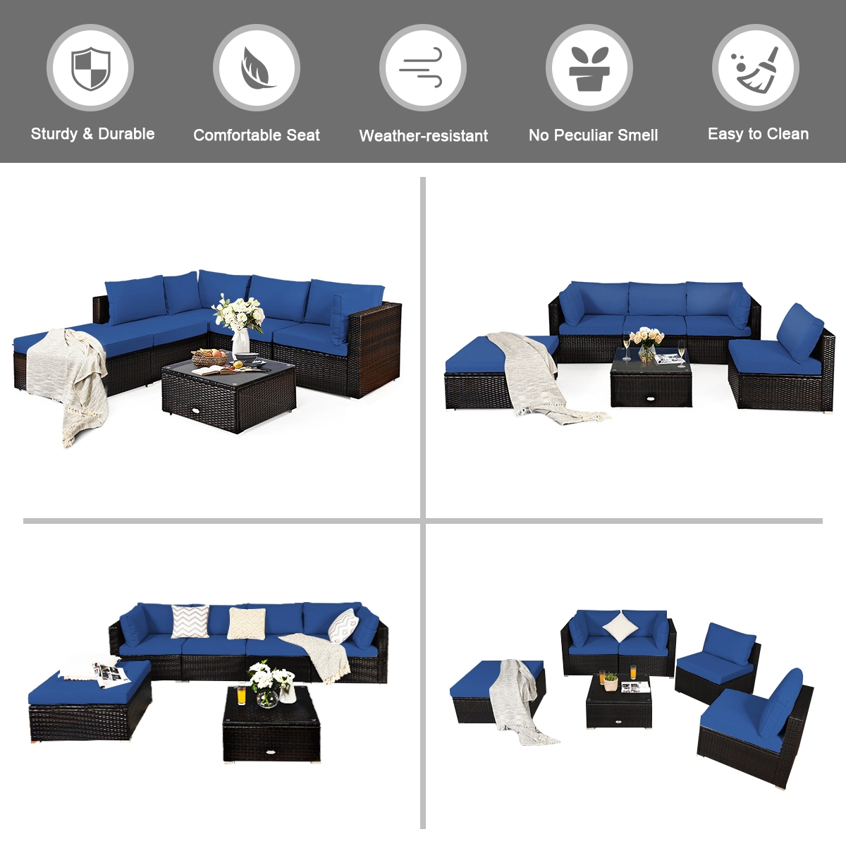 LJG 6 Pieces Outdoor Patio Rattan Sectional Sofa Set with Coffee Table