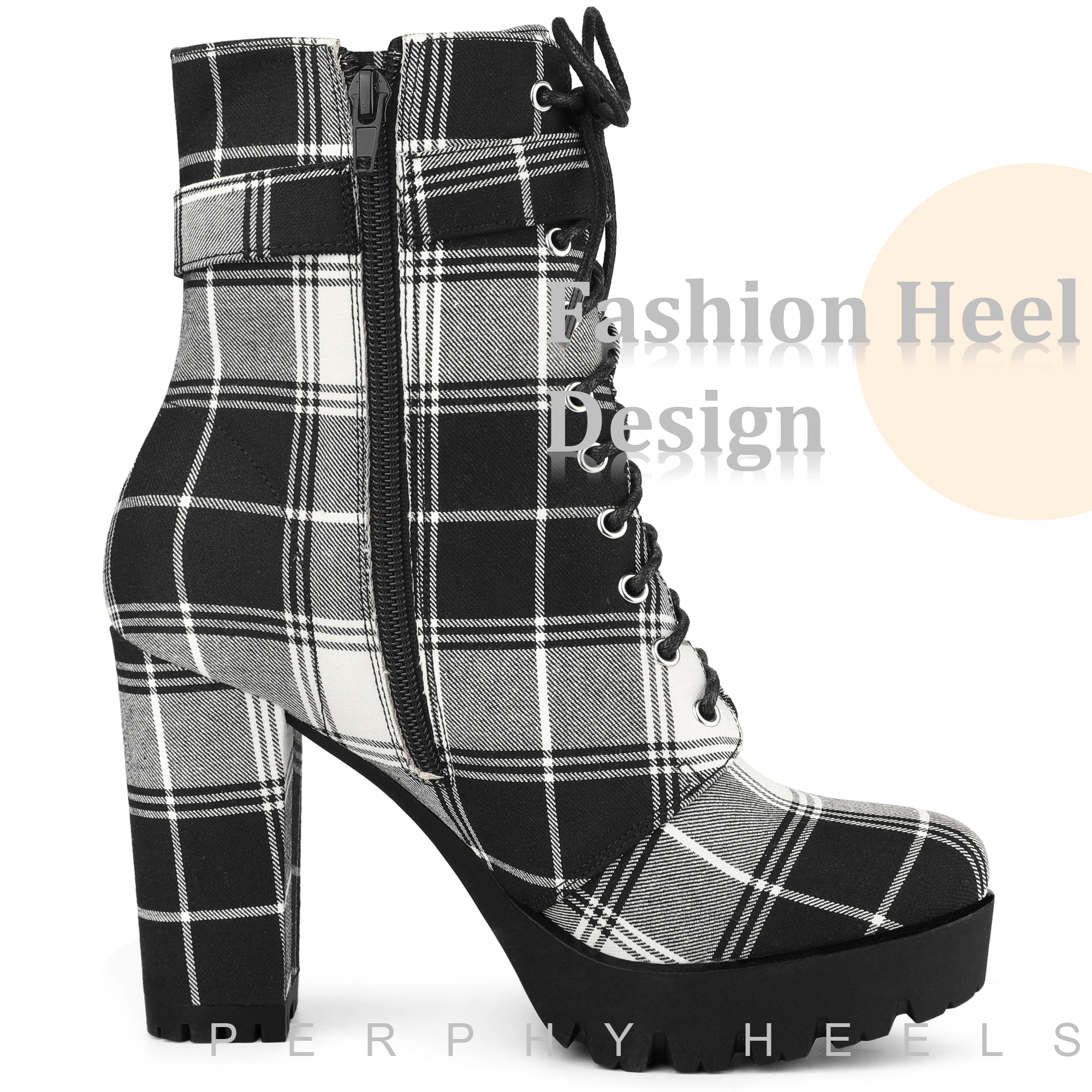 BLISSFUL STEP Women's Platform Lace Up Chunky Heel Plaid Combat Boots