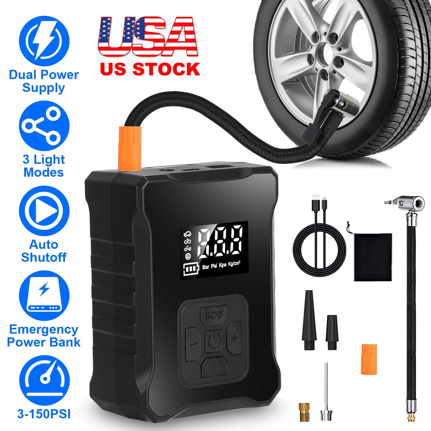 GBruno 150PSI Digital Tire Inflator With LED Light