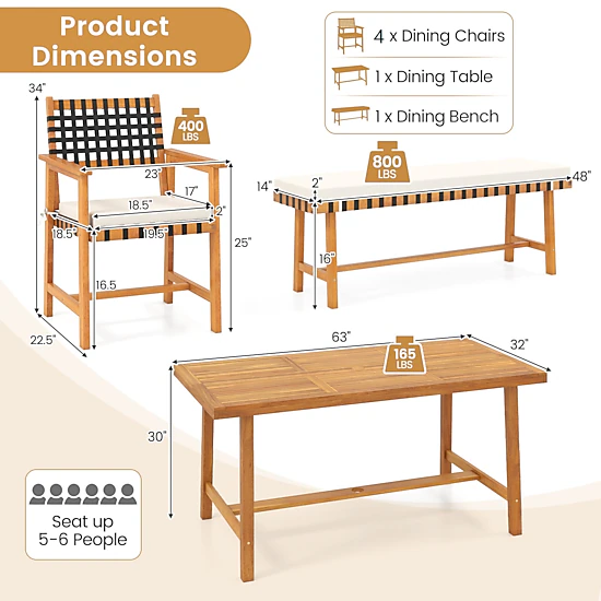 LJG 6-Piece Patio Dining Set for 5-6 People Farmhouse Furniture