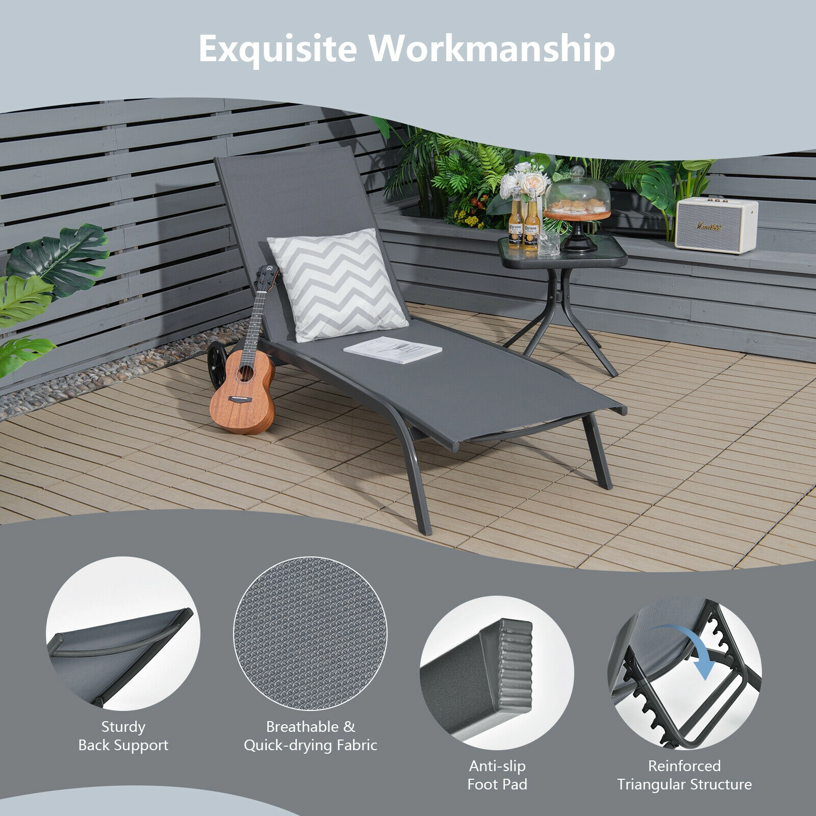 SUGIFT 6-Position Outdoor Chaise Recliner, Gray, Wheels, Quick-Drying Fabric, Steel Frame