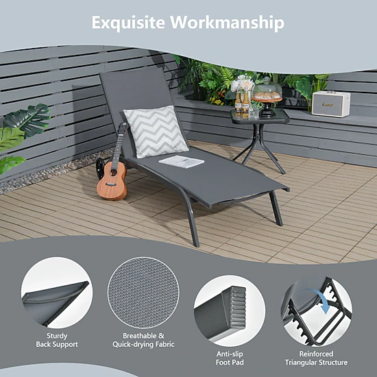 SUGIFT 6-Position Outdoor Chaise Recliner, Gray, Wheels, Quick-Drying Fabric, Steel Frame