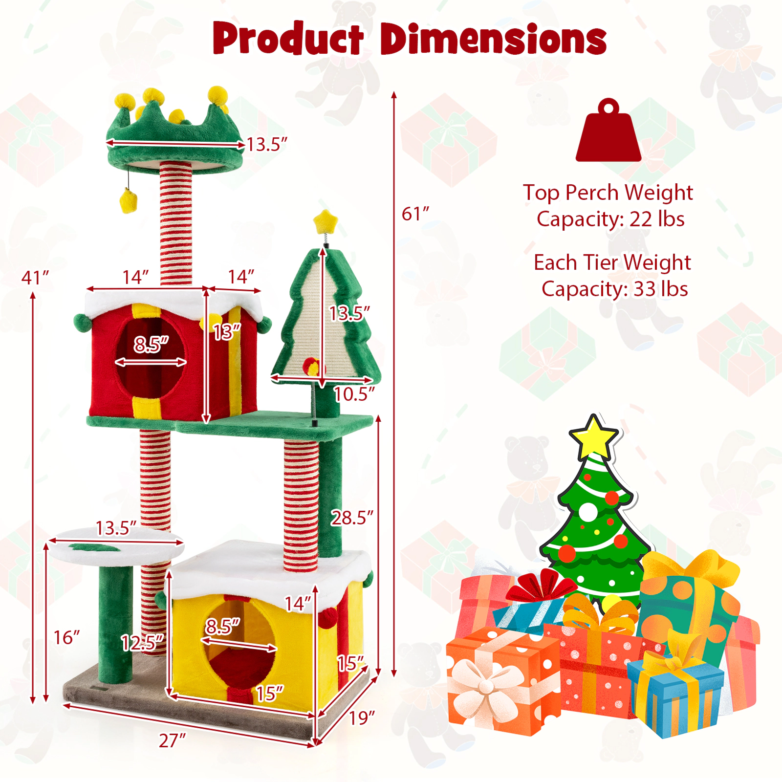 SUGIFT 61-in Christmas Cat Tree Tower with 2 Gift Box Condos Hat Perch Sisal Carpet and Bell Toys