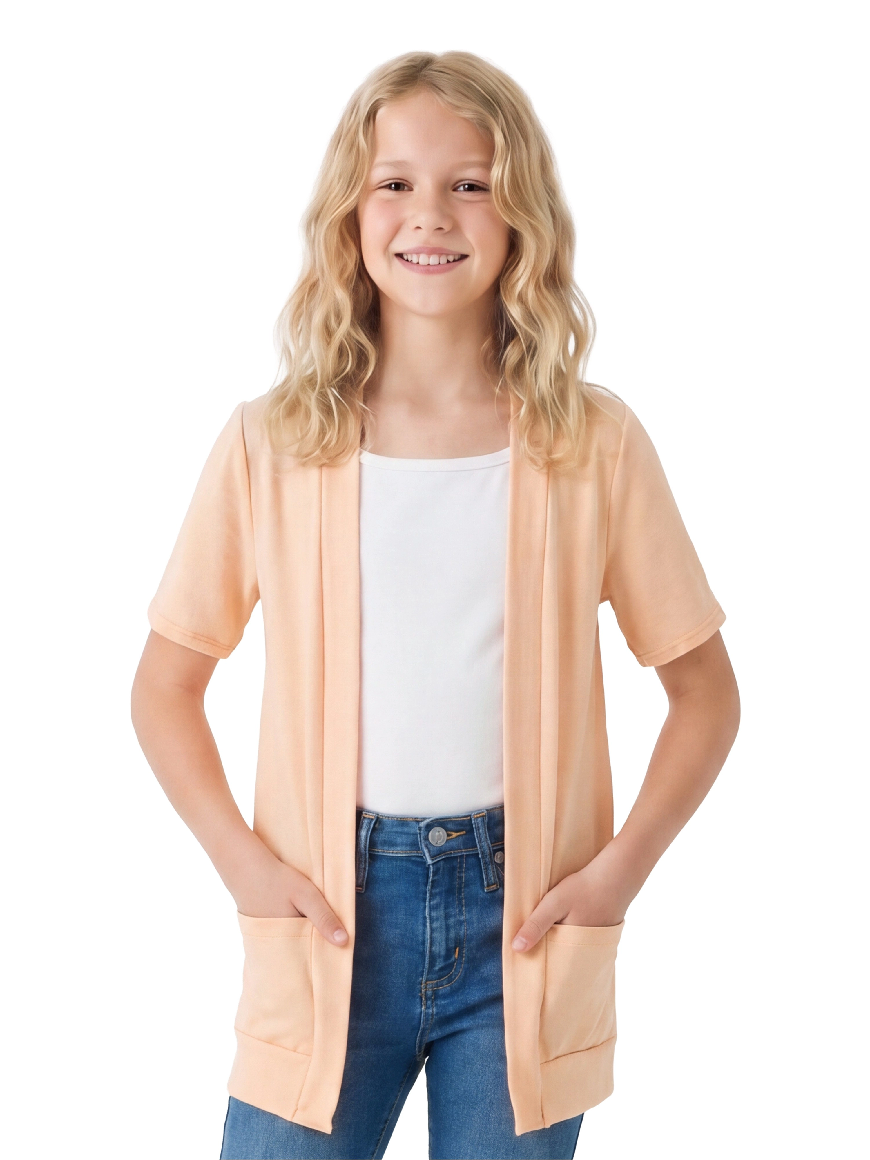 24sevenKid Essential Girls Short Sleeve Open Front Layering Shrug with Pockets