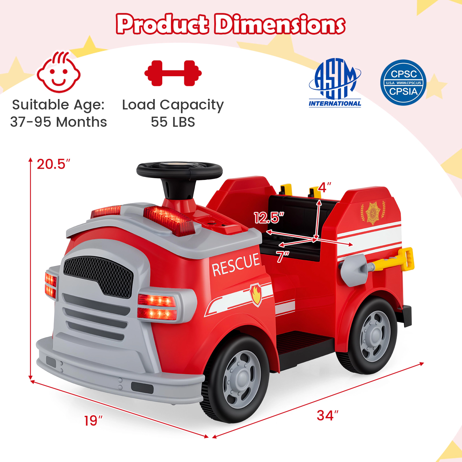 SUGIFT 12V Ride-On Fire Truck Toy Car with Shovel Wrench Ladder and Safety Hat 55-lb Capacity Ages 37-95 Months Red