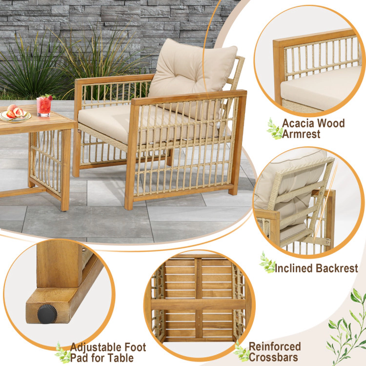 Hivvago 3 Pieces Patio Pe Wicker Conversation Set With Acacia Wood Frame And Cushions