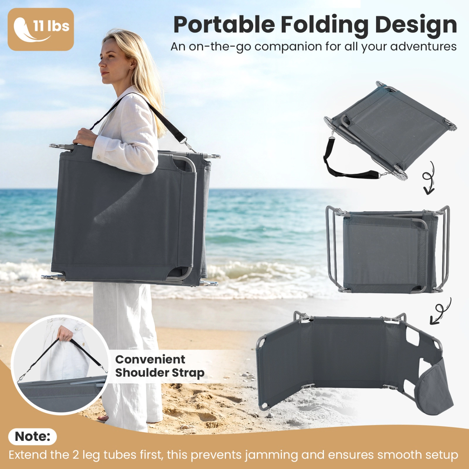 SUGIFT 5 Backrest Angles Face Hole Arm Slots and Carry Strap 330-lb Folding Beach Lounge Chair