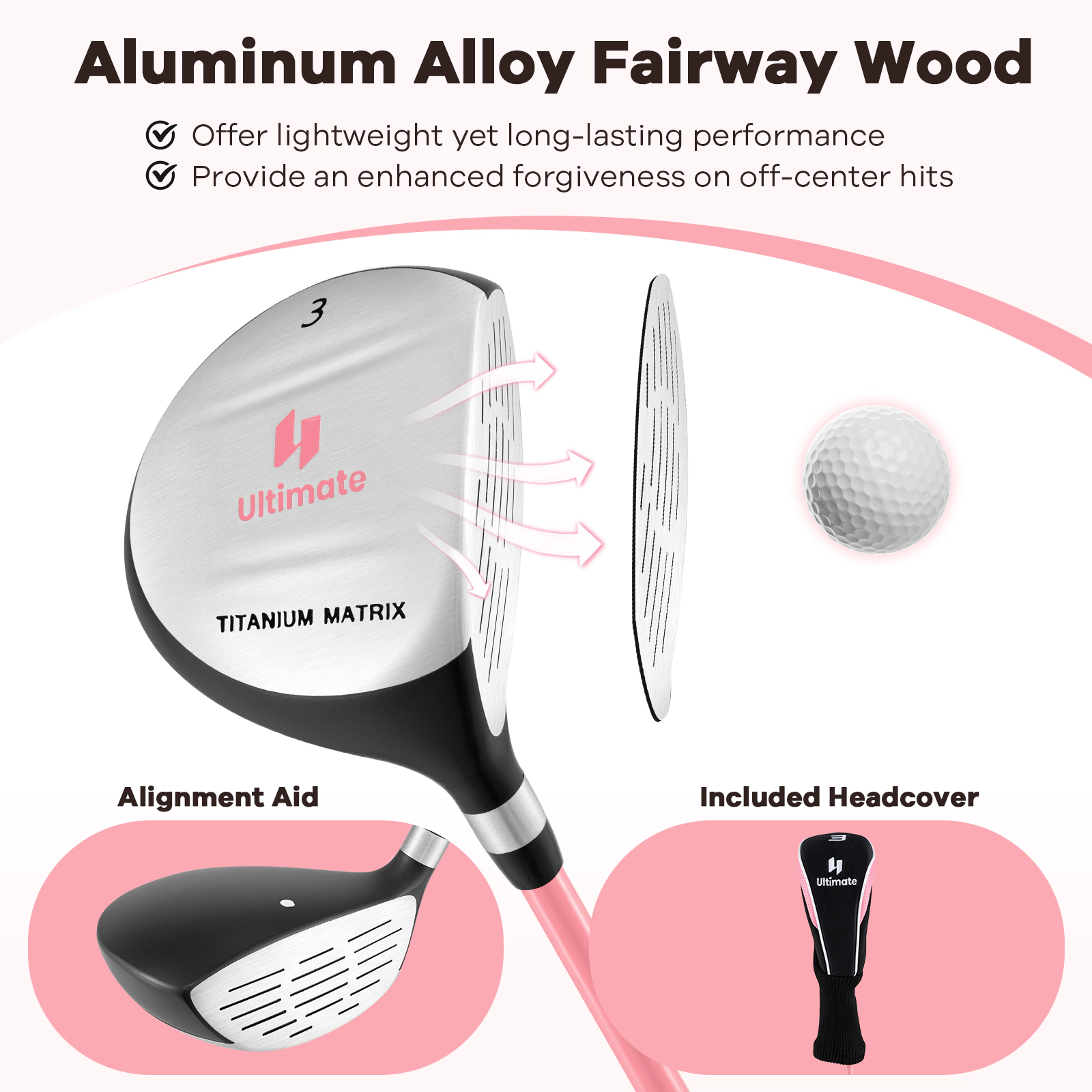 LJG 38 Inch 165CC Junior #3 Fairway Wood Golf Club with Fiberglass Shaft for Kids Ages 11-14