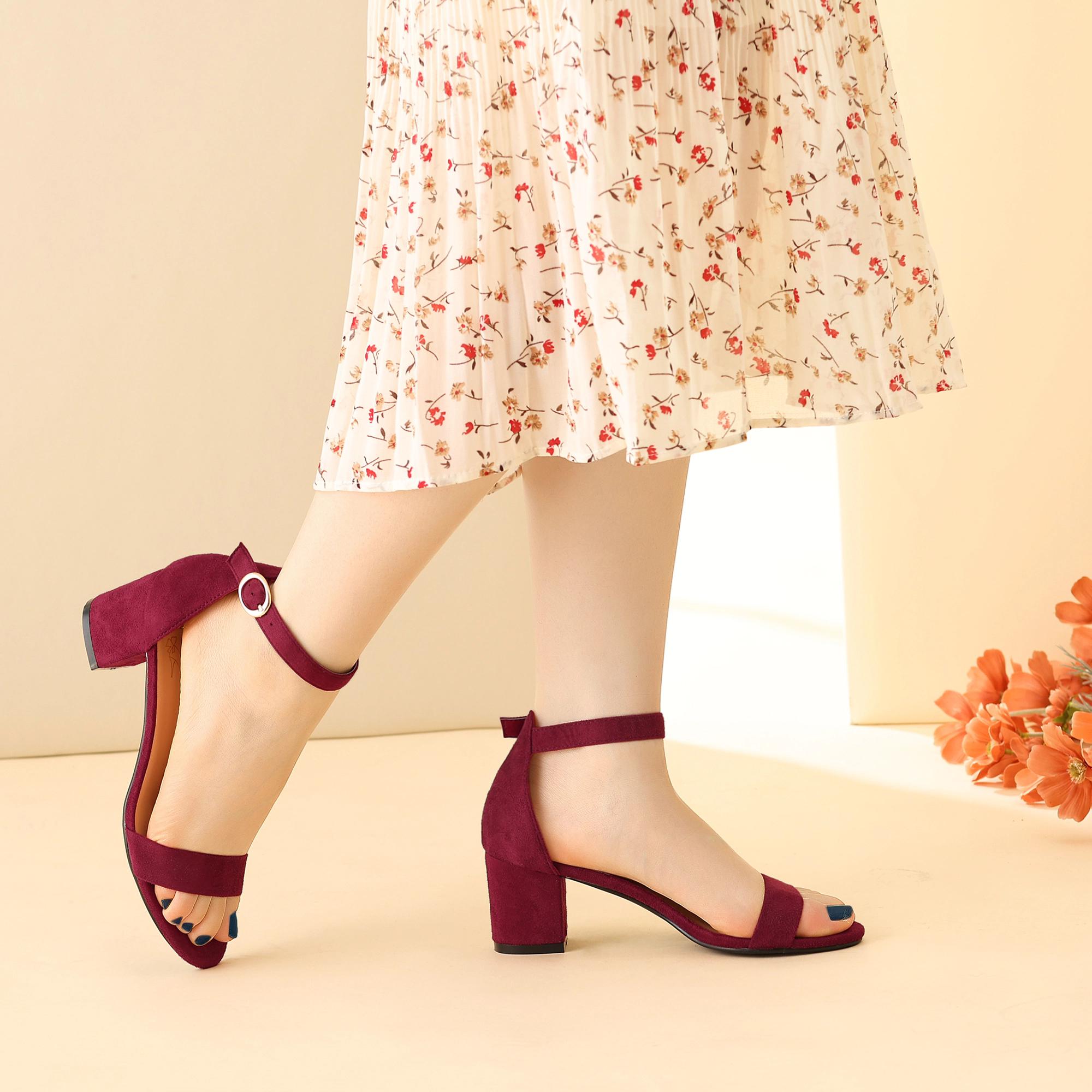BLISSFUL STEP Women's Ankle Strap Open Toe Buckle Closure Chunky Heels Sandals