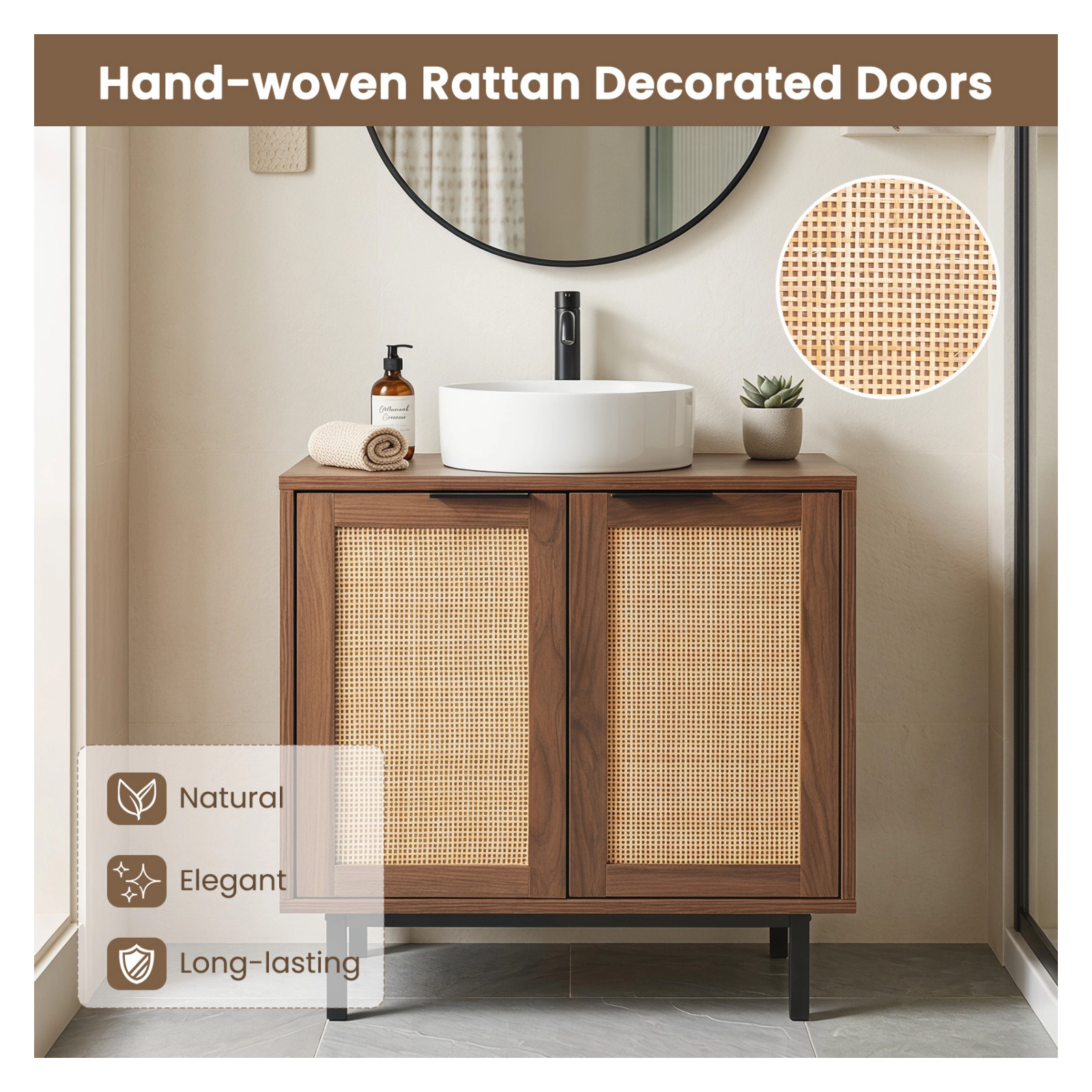 Glintex Bathroom Vanity Cabinet with U-Shaped Cut-Out and 2 Rattan Doors