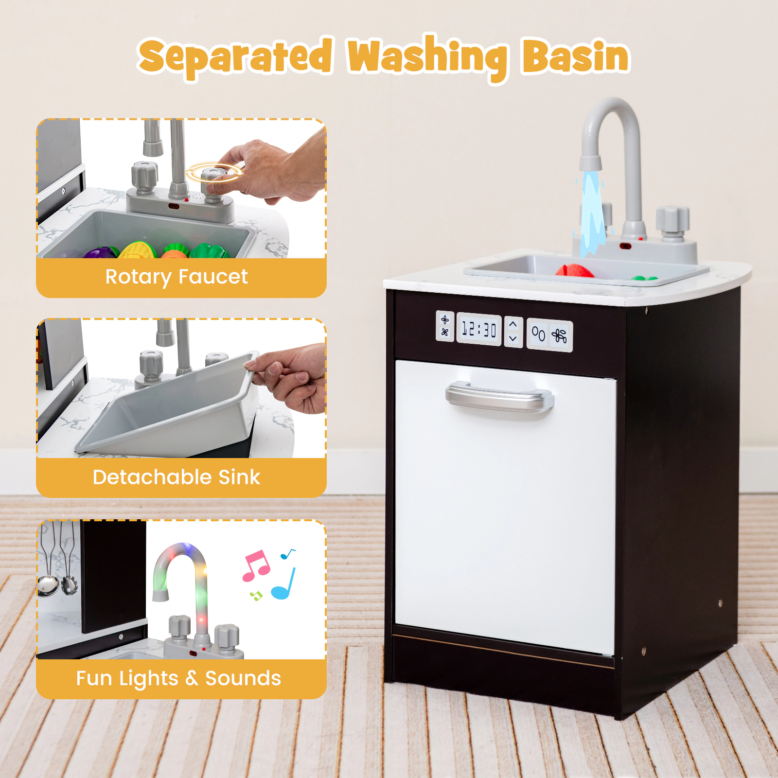 Corner Kids Play Kitchen Separate Washing Basin Range Hood Microwave Chalkboard 39.5-in x 19.5-in x 32-in Coffee