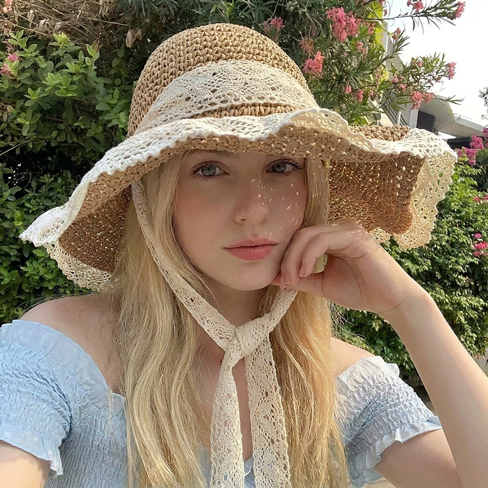 Anna-Kaci Women's Crochet Wide Brim Sun Hat with Lace Trim Bow Accent and Wavy