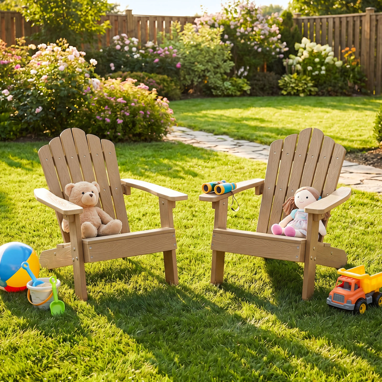 SUGIFT All-Weather HIPS Kids Adirondack Outdoor Chair with Tilted High Backrest 165-lb Capacity Ages 3-7 Brown