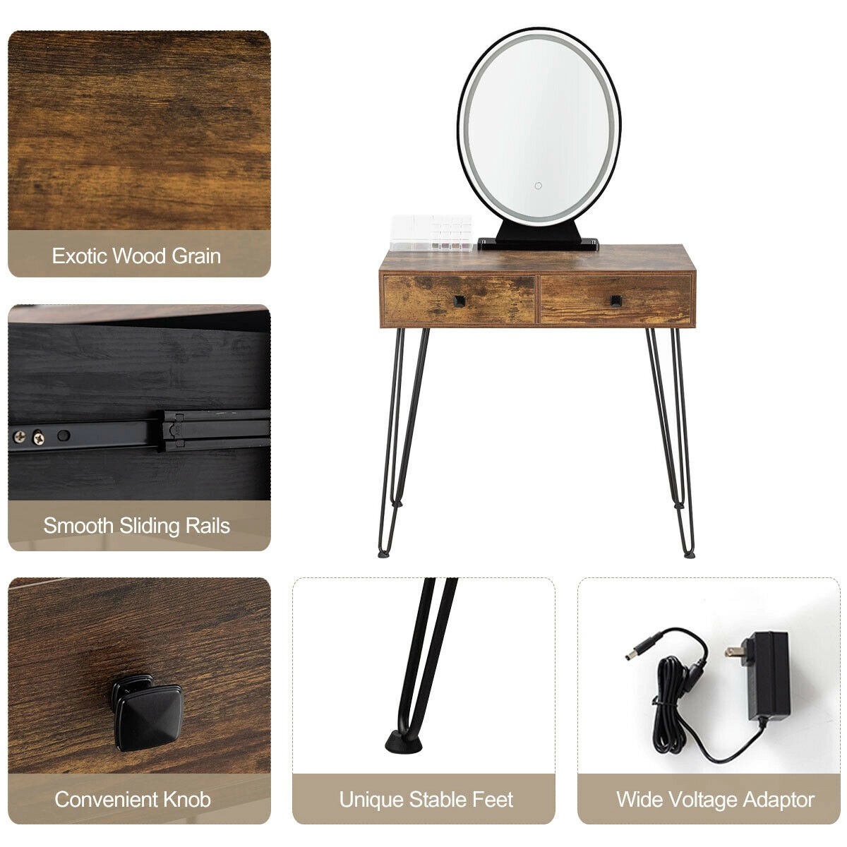 SUGIFT Industrial Makeup Dressing Table with 3 Lighting Modes Vanity and Stool 220-Lb Capacity Rustic Brown