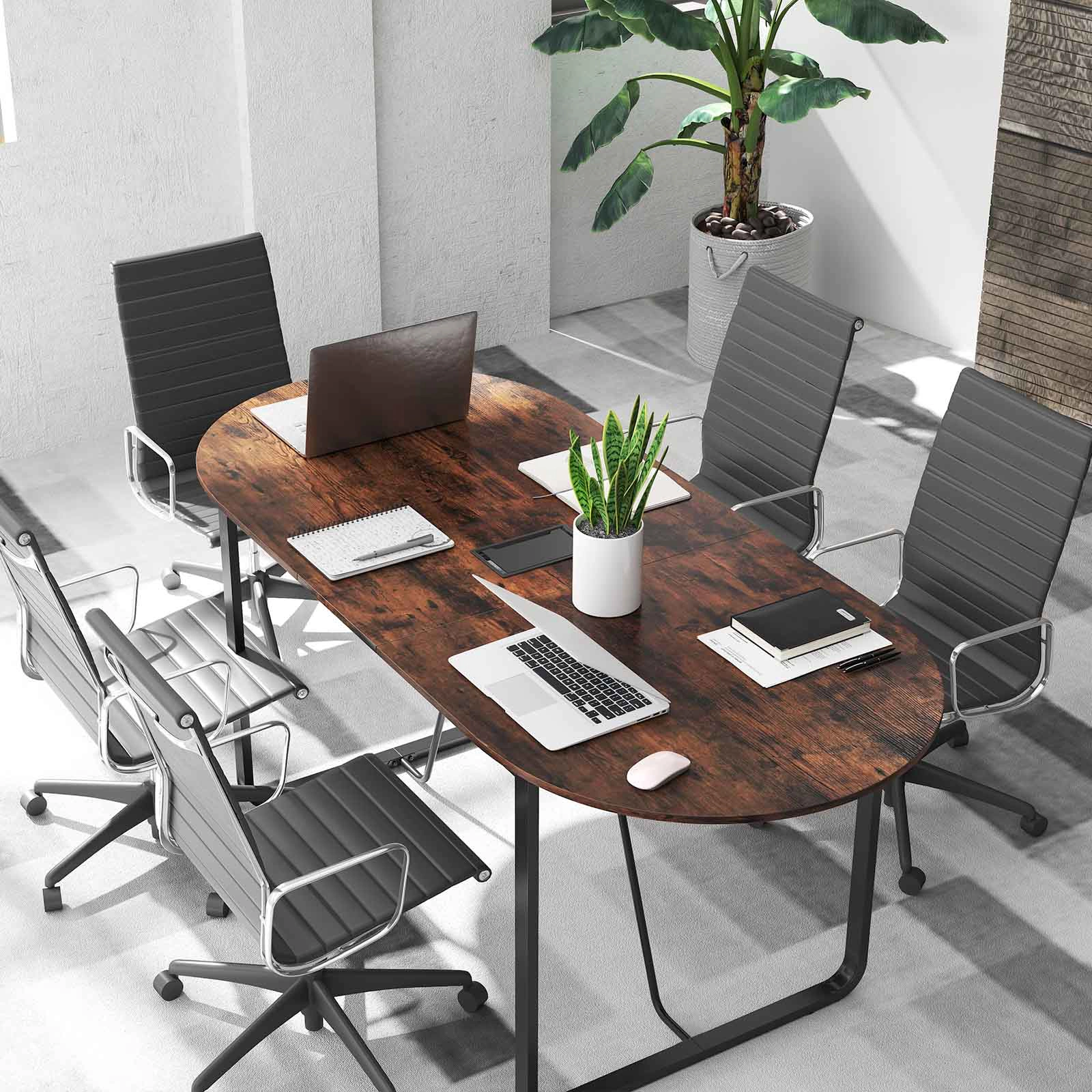 SUGIFT Oval Executive Home Office Table with Cable Management Hole 265-lb Capacity Rustic Brown & Black