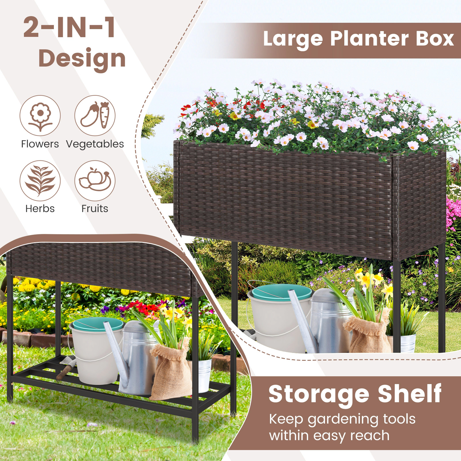 SUGIFT Wicker Raised Garden Bed with Storage Shelf and Removable Liner 132-lb Planter Box 66-lb Shelf Black/Brown