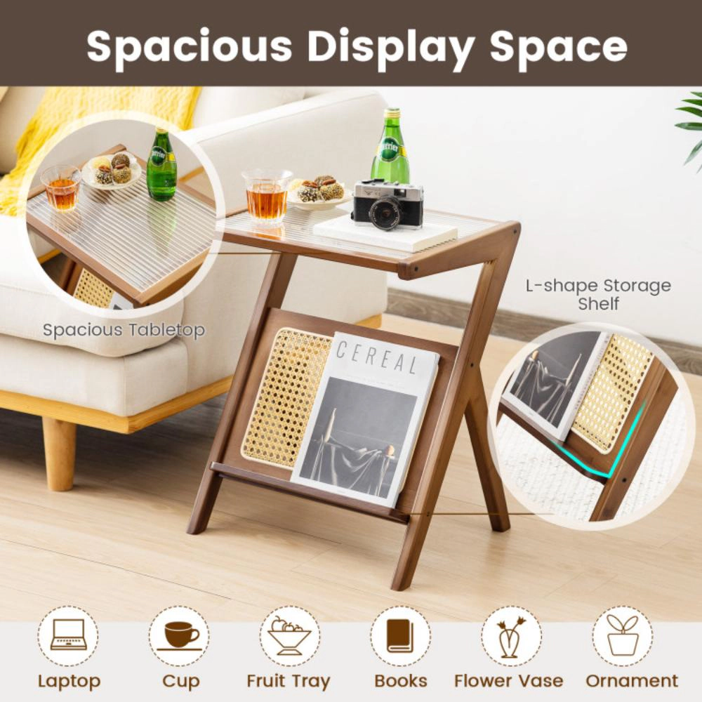 Hivvago Rattan-Style End Table with Magazine Storage and Glass Top