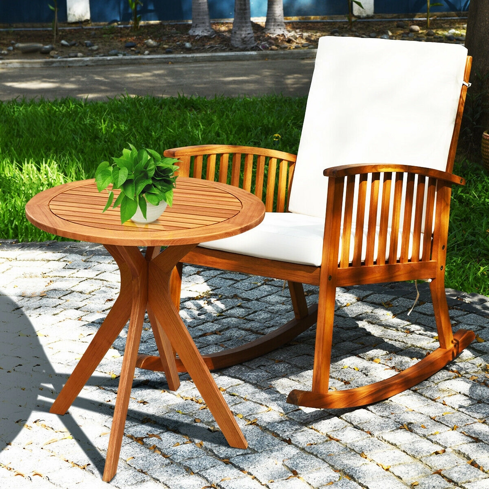 SUGIFT 27.5-in Eucalyptus Round Solid Wood Coffee Bistro Side Table 110-lb Capacity Outdoor Indoor Teak Finish 1-Piece