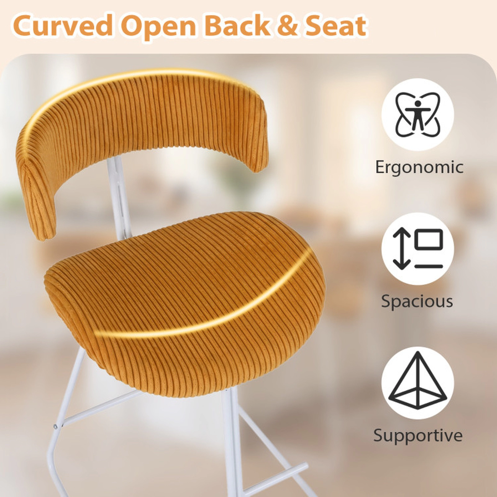 SUGIFT Orange Corduroy Padded Seat Set of 2 Counter Height 25 Inch Armless Bar Stools