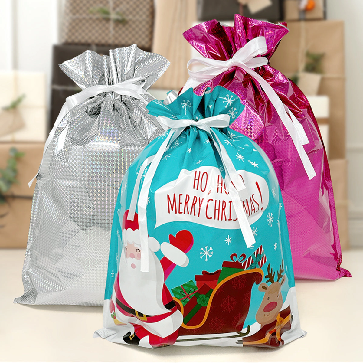 Wrapables Christmas Drawstring Gift Bags for Party Favors, Treats, Gift Wrap, Parties, (Set of 6) XL Red & White