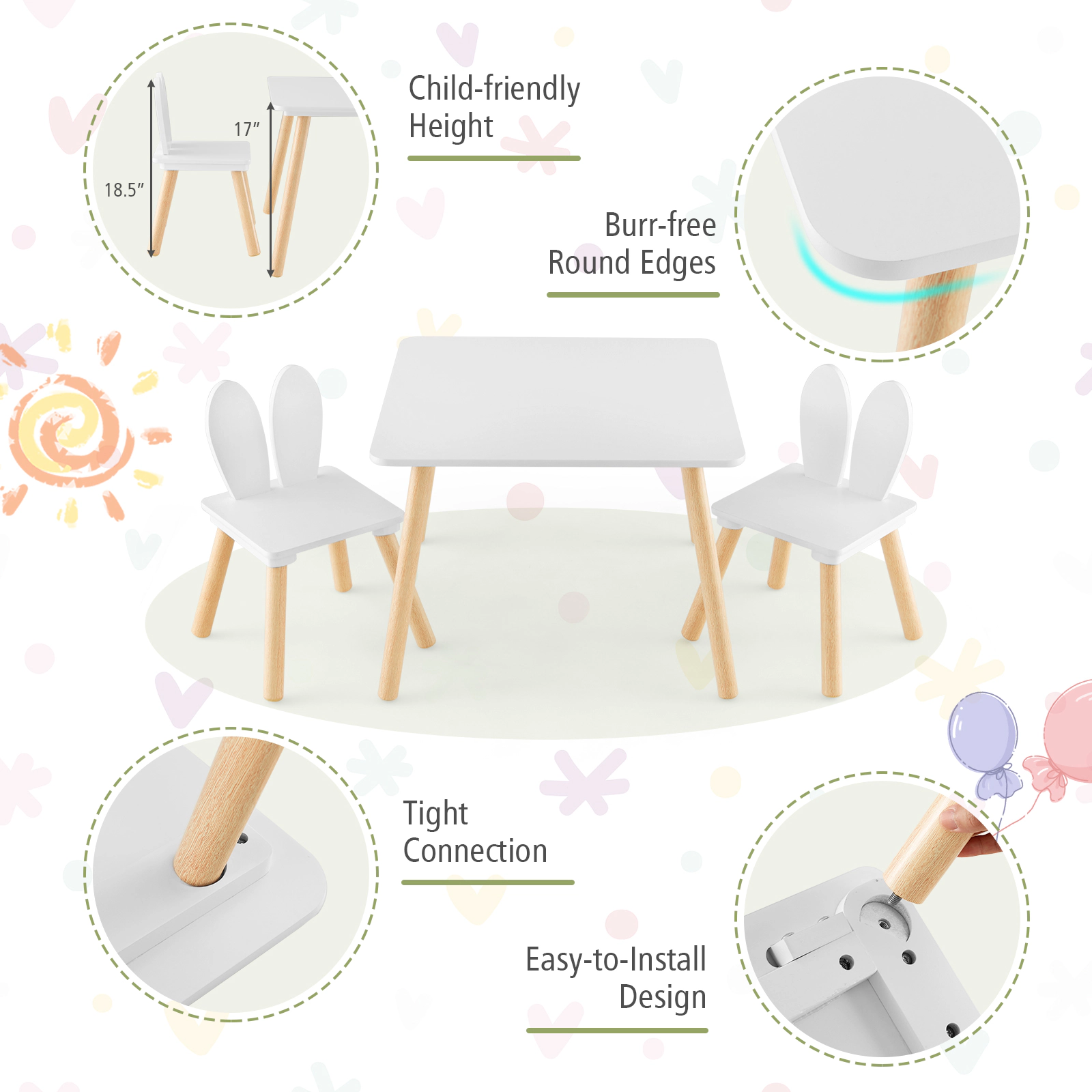 SUGIFT White Bunny Ear Backrests for Arts Crafts and Snacks 3-Piece Kids Table and Chairs Set