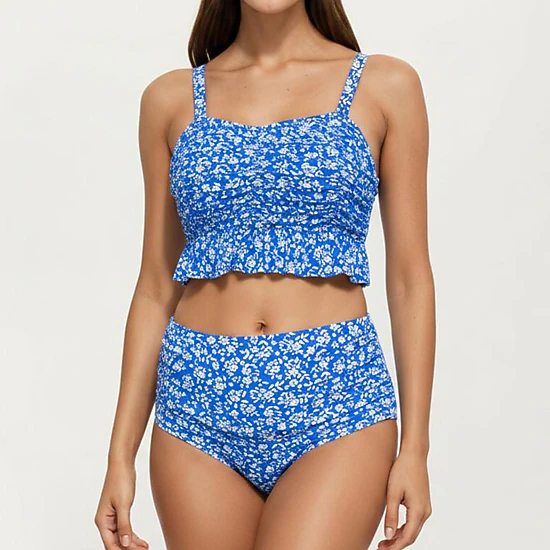 Anna-Kaci Women's Floral Print Ruffled Maternity Bikini Set with High-Waisted Bottoms