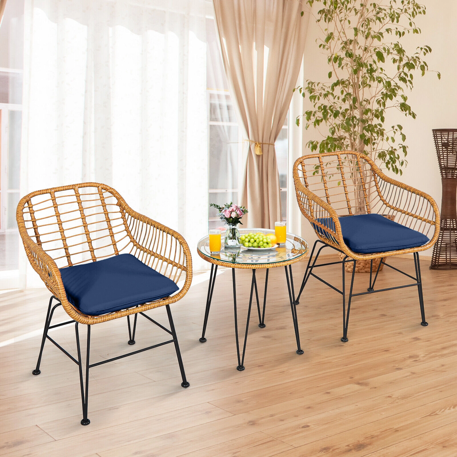 SUGIFT 3-Piece Rattan Conversation Set with Cushioned Chairs & Coffee Table 400-Lb Chair Capacity 24-in Chair Width Navy