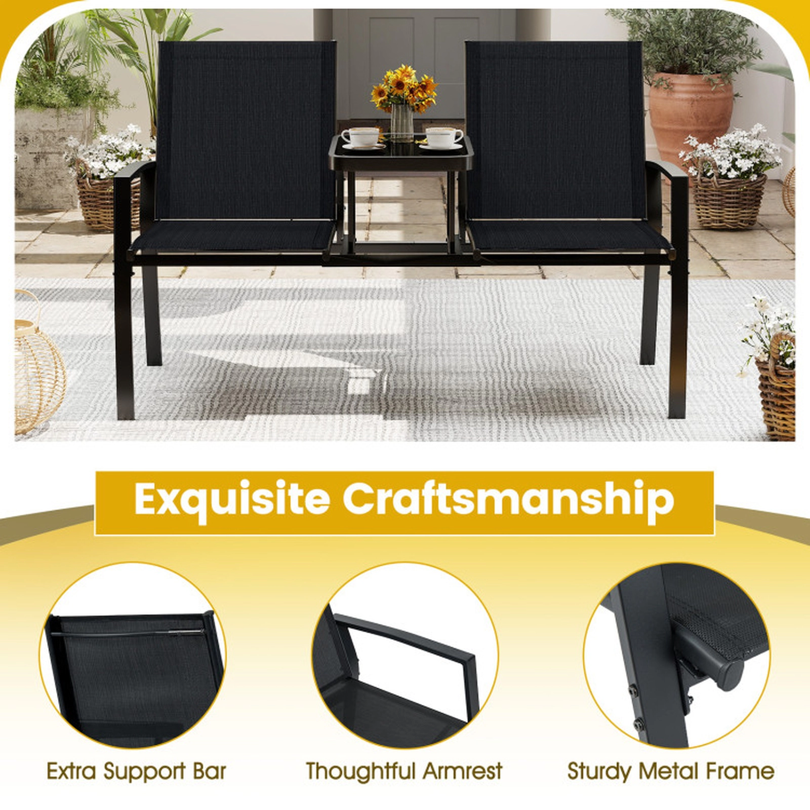 SUGIFT Black Outdoor Loveseat with Built-In Glass Table, 400-lb Seat Capacity