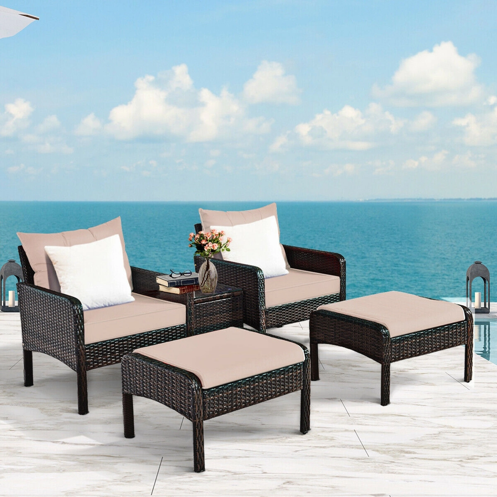 SUGIFT 5 Piece Patio Rattan Wicker Sofa Set Beige with 2 Ottomans and Glass Table