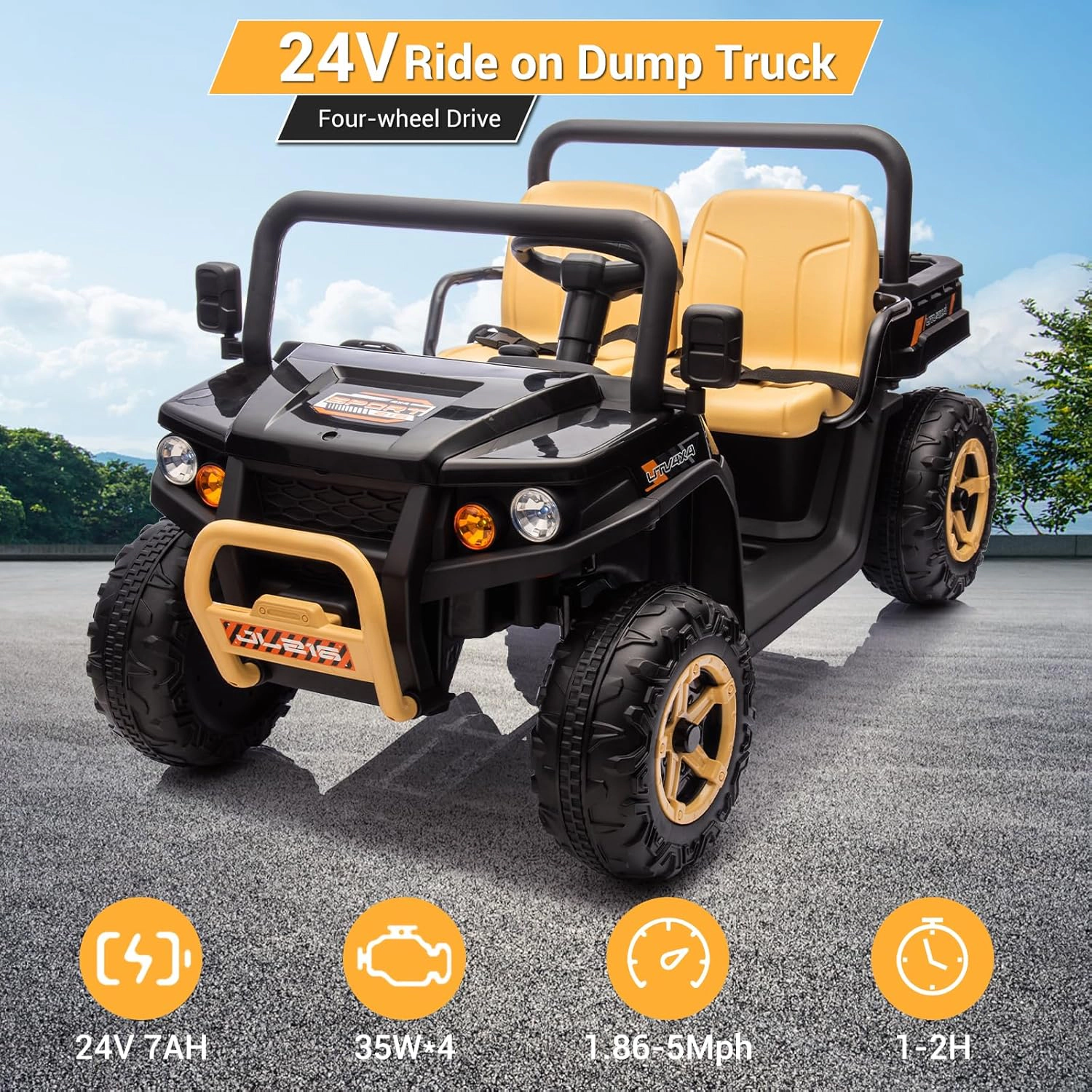 Enjyam 24V Kids 2-Seater Ride On Dump Truck, 4×35W Motors, Electric Bed, Shovel, Remote, Bluetooth, Music & LED Lights
